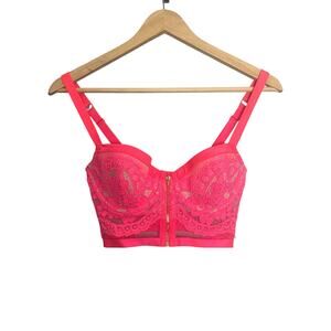 VS Victoria’s Secret Hot Pink Lace & Mesh Front-Zip Bustier - Size 32D